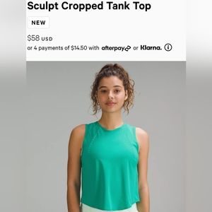 NWOT Lululemon Sculpt Cropped Tank Top (Size 6)